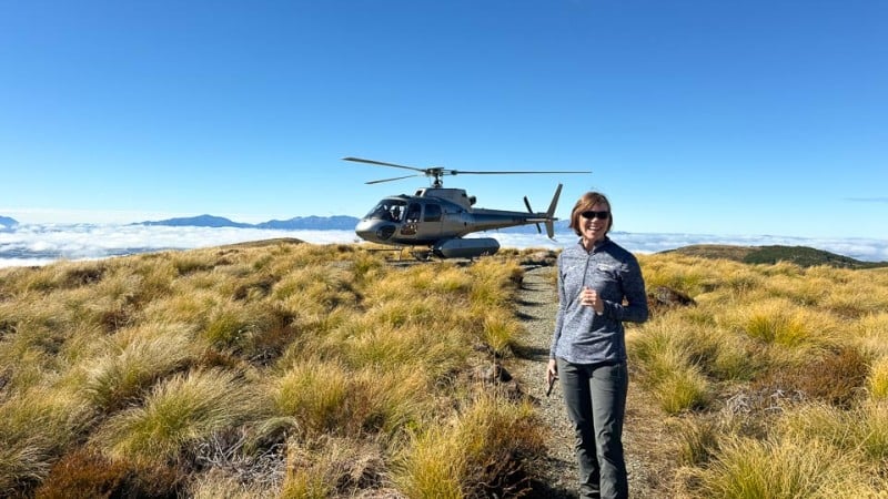 solo woman on heli flight to Mt Luxmore hiking the Kepler Track
