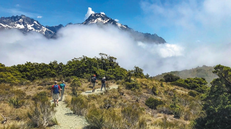 Four guests walking the routeburn track in the clouds web2