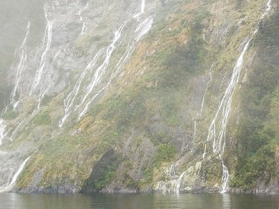 Milford Sound waterfalls in the rain