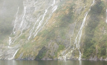 Milford Sound waterfalls in the rain