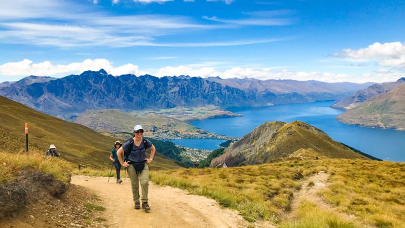 Hiking Ben Lomond with the Remarkables in the background.