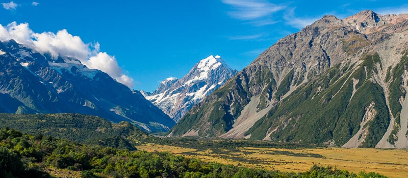 View of Aoraki Mt Cook up the Hooker Valley