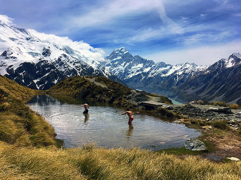Swimming in Sealy Tarns, Mt Cook National Park