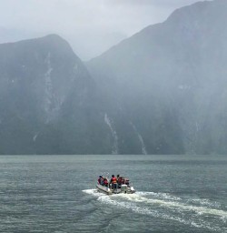 Boating through Milford Sound