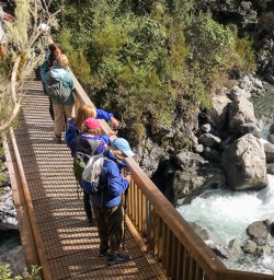 Group on the bridge at Arthurs Pass river, Canterbury New Zealand