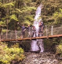 Group on the bridge at Hollyford track, Fiordland New Zealand