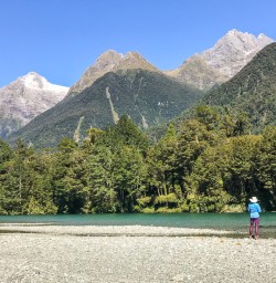 Walking along Hollyford Track river, Fiordland National Park Southland New Zealand