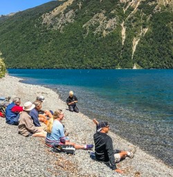 Group at Lake Rotoiti Pebbel Beach, Tasman New Zealand