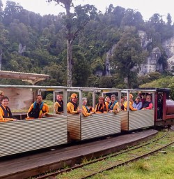 Group in the train at Nile river, West Coast New Zealand