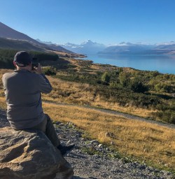 Guest at Lake Pukaki with Aoraki Mount Cook in the background, Canterbury New Zealand