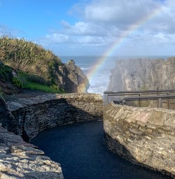 Rainbow at Punakaiki pancake rocks, West Coast New Zealand