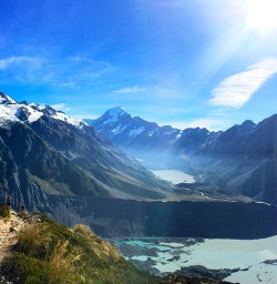 The incredible view from Kea Point in the Aoraki/Mt Cook National Park. A clear view of the cloud piercer here.