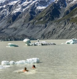 Swim at Hooker Lake, Aroaki Mt Cook National Park Canterbury New Zealand