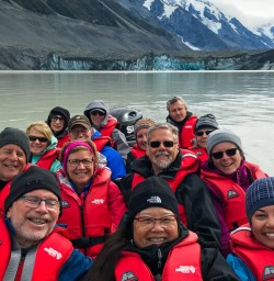 Group at Tasman Lake, Canterbury New Zealand