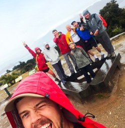 High jinks in the rain at the Mt Iron lookout near Wanaka