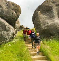 1. Group walking through rock field