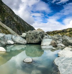 Calm glacial pools form at Hooker Lake