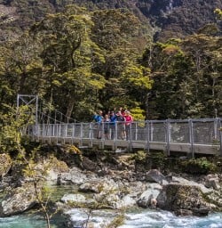 Group on the bridge at routeburn track, Otago New Zealand