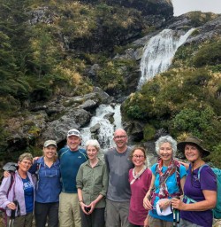Group at Routeburn Track Falls, Otago New Zealand