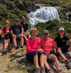 Group at Routeburn Track Falls, Otago New Zealand