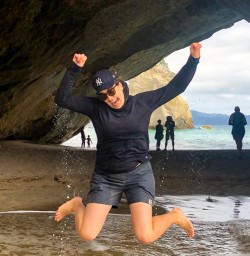 Jumping for joy at Cathedral Cove