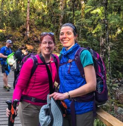 Ladies on Routeburn Track River Bridge, Otago New Zealand