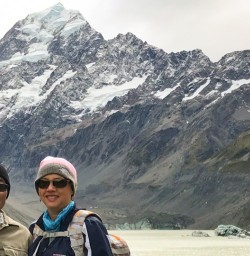 2. Guest couple at Hooker Lake Mt Cook background
