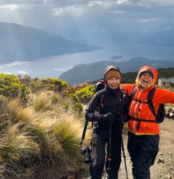 2. Two happy guests on Kepler Track Luxmore Hut