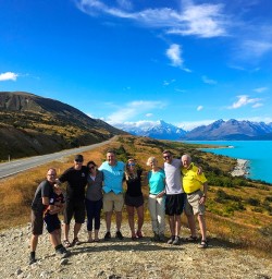 Our Kiwi Classic party pause for a group shot  at Lake Pukaki