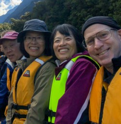 Selfie on the boat at Arthur river, Fiordland New Zealand