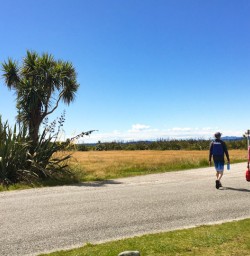 3. Guests walking across road Okarito lagoon