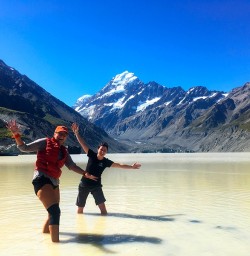 Happy days in Hooker Valley. Yes that's glacial water! 