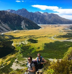 All smiles hiking up to the Sealy Tarns in the Aoraki/Mt Cook National Park.