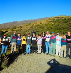 The team having an impromptu fashion parade at the Cardrona Bra Fence