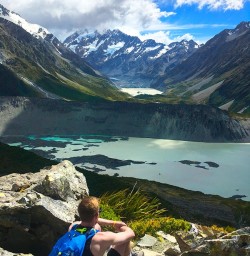 Time to stop and take it all in. Views up the Hooker Valley with Aoraki/Mt Cook at the valley head.