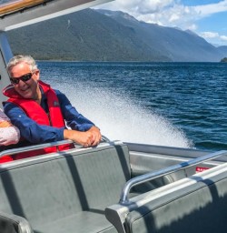 Jetboat on Lake McKerrow, Fiordland National Park Southland New Zealand