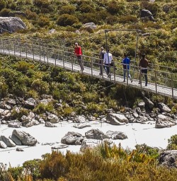 Passing bridge at Hooker Valley Track, Canterbury New Zealand