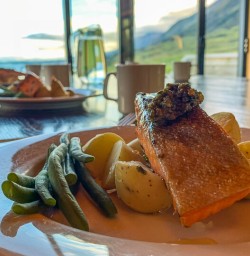 Salmon dinner at Lake Ohau, Canterbury New Zealand