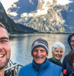 Selfie on the boat at Milford Sound, Fiordland New Zealand