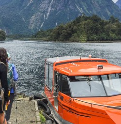 Taking boat at Arthur River, Milford Track Fiordland Southland New Zealand
