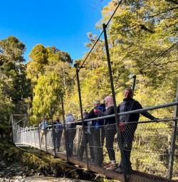 5 Guests on bridge Hollyford Track2