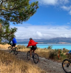 Biking along Lake Pukaki, Canterbury New Zealand
