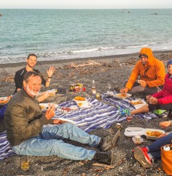 Fish and chips on the beach at Kaikoura, Canterbury New Zealand