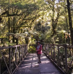 Guest on the bridge at Milford Track, Fiordland New Zealand