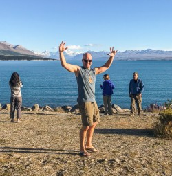 Happy guest at Lake Pukaki, Canterbury New Zealand