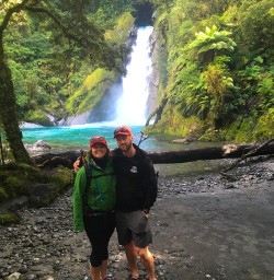 Our 'Kiwi' guides Emily and Bruce at Hidden Falls on the Hollyford Track