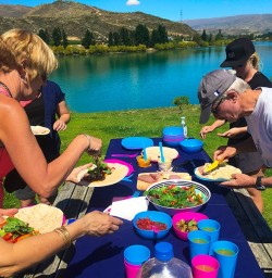 Amanda rocking the yummy lunch! Near Old Cromwell Town with the Kawarau River as backdrop.