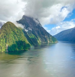 Views over Milford Sound from heli
