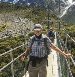 Crossing bridge at Hooker Valley Track, Canterbury New Zealand