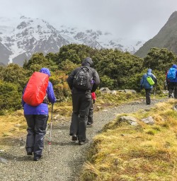 Group walking the Hooker Valley Track, Aoraki Mt Cook Canterbury New Zealand